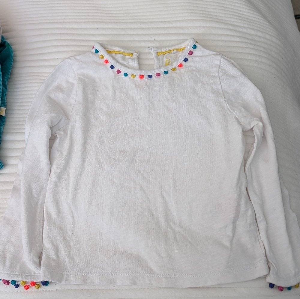 Mini Boden White Long Sleeve Shirt with Pom Poms 2-3Y